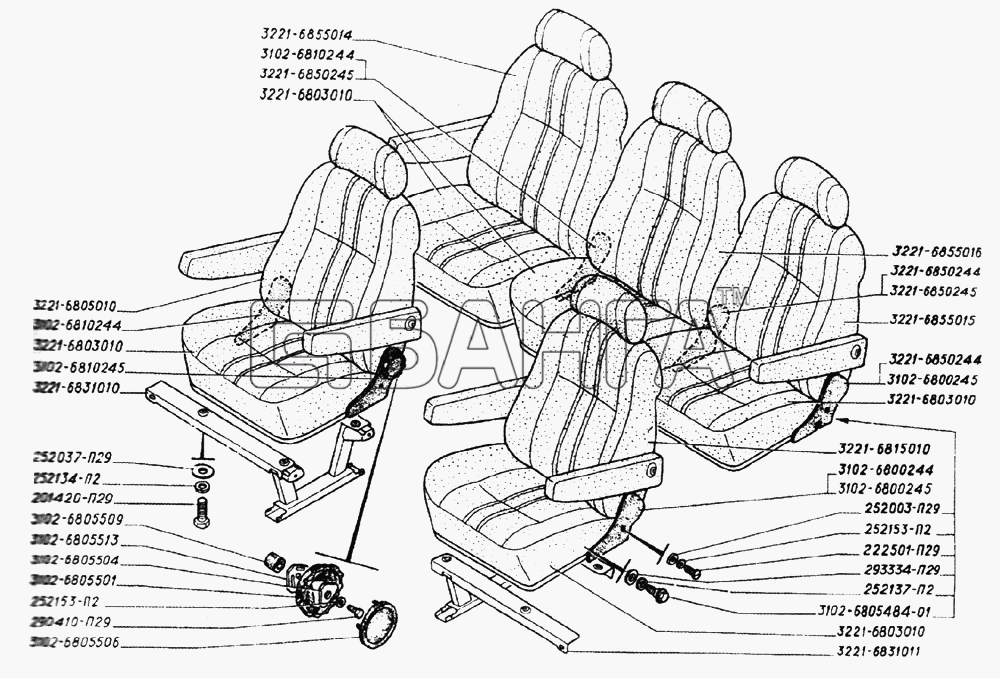 ГАЗ ГАЗ-3221 (2006) Схема Одноместные сиденья 3 и 4 второго ряда
